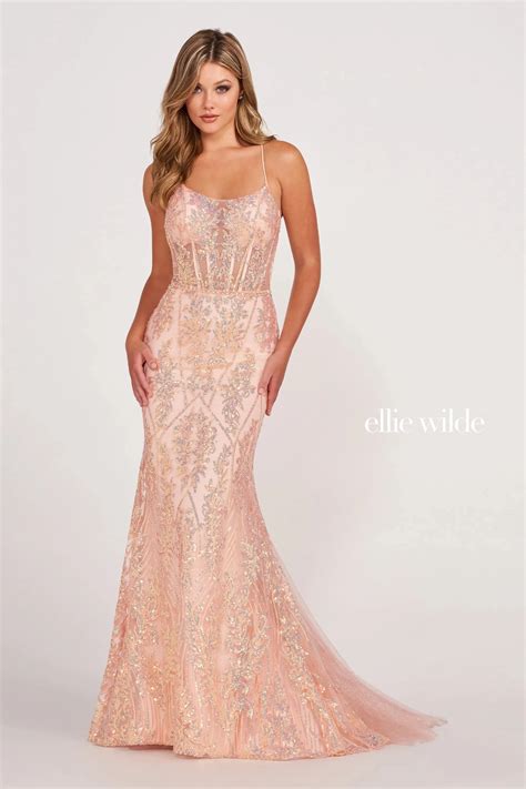 Peach Champagne Ellie Wilde EW34023 Long Glitter Formal Mermaid Prom