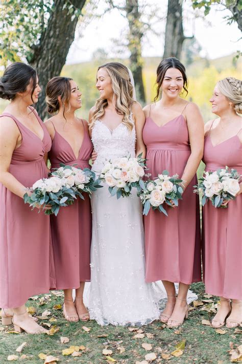 Dusty Rose Bridesmaids Dresses with White Bouquets| Calgary Wedding