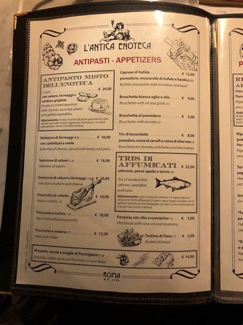 Menu at Antica Enoteca pub & bar, Rome, Via Della Croce