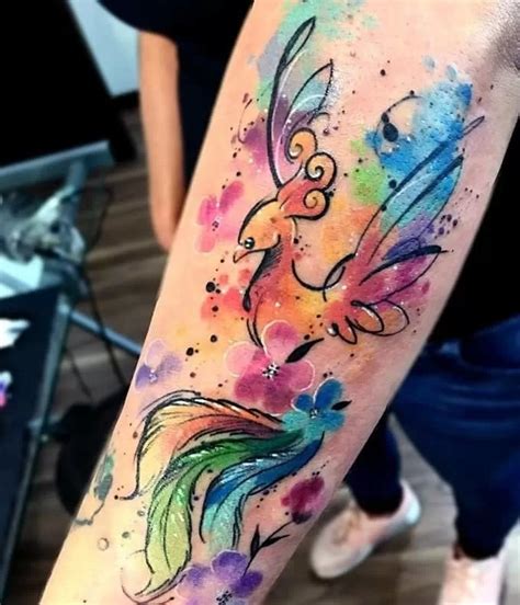 Watercolor Phoenix Bright Colors Tattoo - TATTOOGOTO