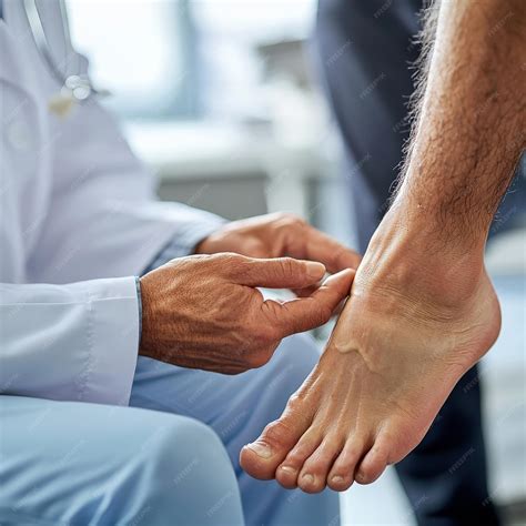 A closeup of a foot examination being performed by a healthcare