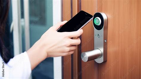 Generative AI woman locks a smartlock on the front door with her phone ...