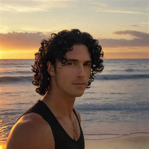 beach sunset  curly haired man tangra ai image generator