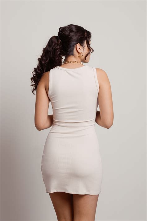 Brown Mini Dress - Ribbed Dress - Nude Slit Bodycon Dress