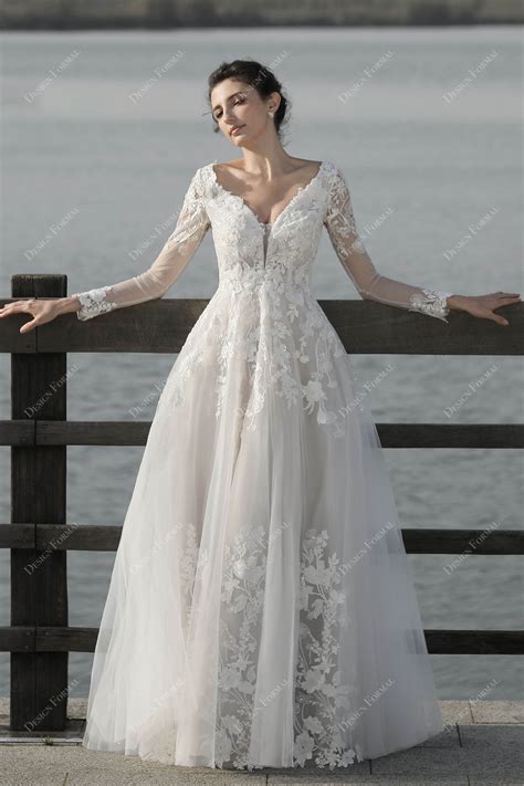 Gorgeous Lace Sheer Sleeve Plunging Floor Length Beach Bridal Dress