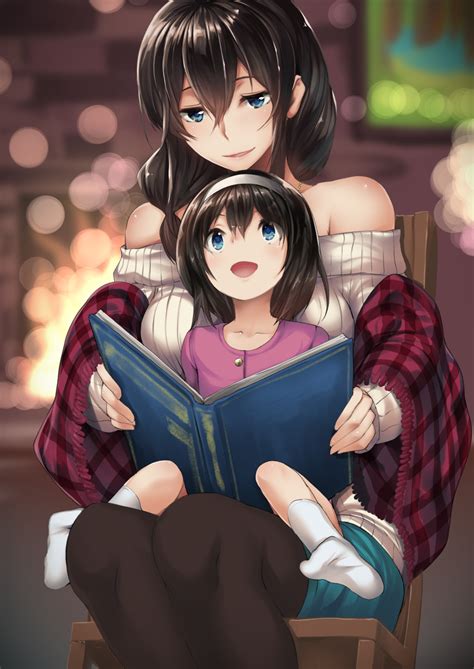 Safebooru - 2girls black hair blue eyes blurry blush bokeh book depth