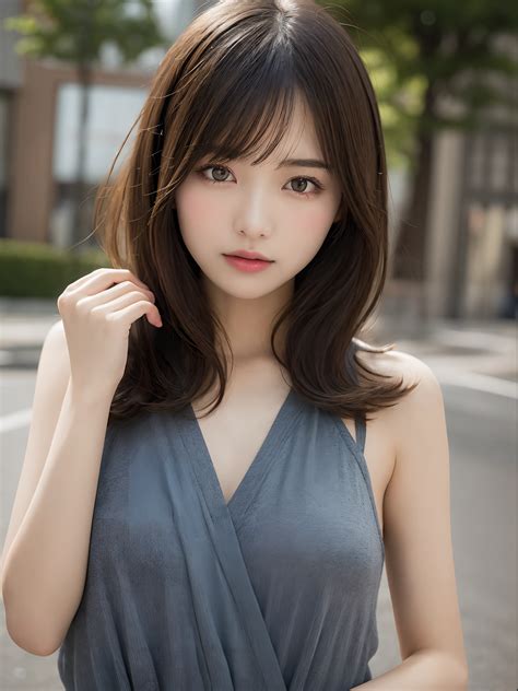 A close up of a woman in a gray dress posing for a picture - SeaArt AI