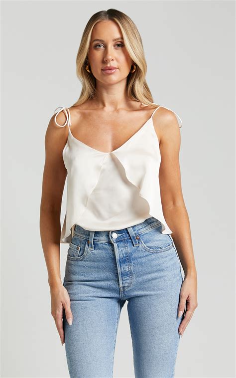Valencia Top - Layered Flounce Shoulder Tie Strap Cami in Champagne