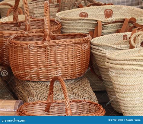 Various Sizes and Types of Wicker Baskets on Display- Stock Image ...