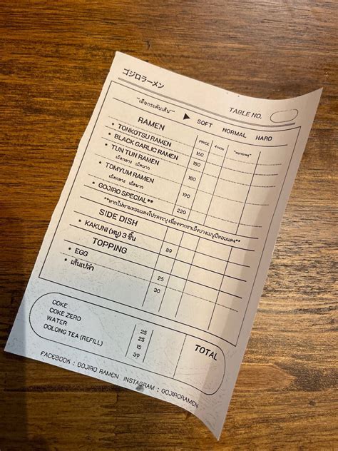 Menu at Gojiro Ramen restaurant, Bangkok
