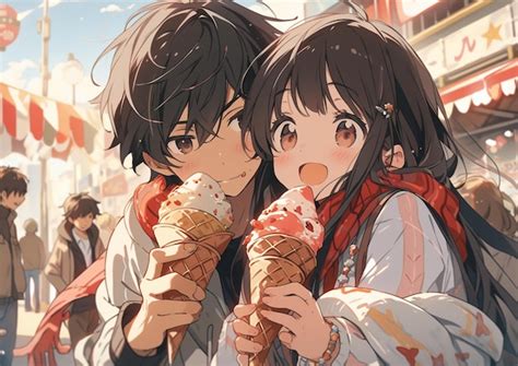 Premium Photo | Anime couple eating ice cream cones in a crowded city ...