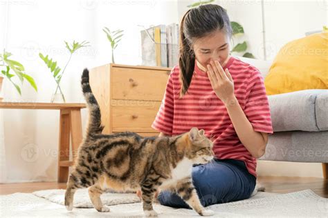 Asian young woman, girl hand in sneezing from fur allergy while playing
