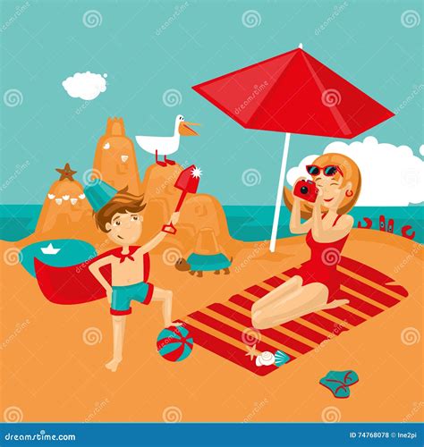 Mother and Son on a Beach. Family Vacation Stock Vector - Illustration