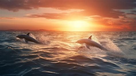 Premium Photo | Dolphins jumping out of the sea at sunset generative ai