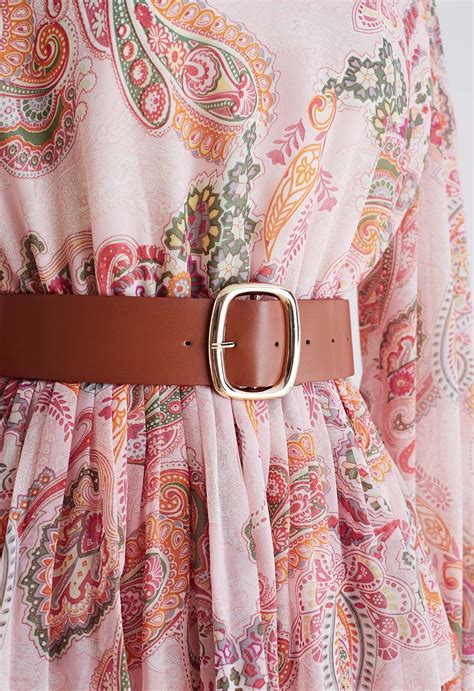 Paisley Printed Belted Tiered Chiffon Dress in Pink - Retro, Indie and