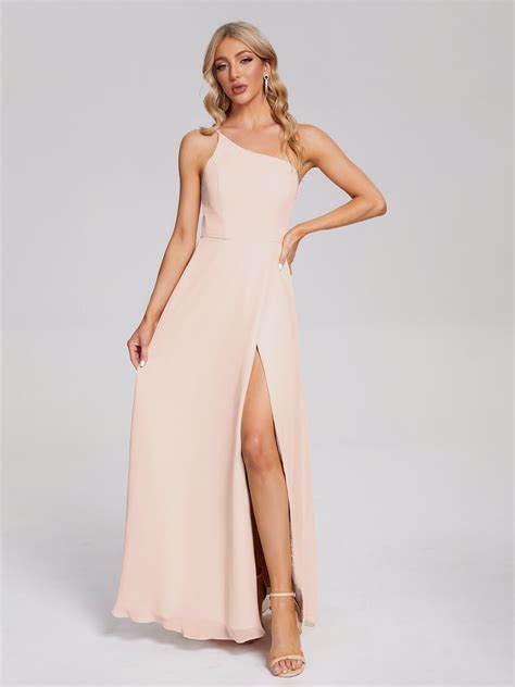 Pearl Pink Bridesmaid Dresses Simple One-Shoulder Chiffon Bridesmaid D