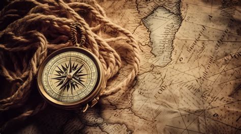 Ropes And Compass Resting On Aged Vintage Parchment Background, Table