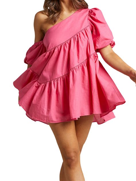 cenuakty womens summer mini dress casual short puff sleeve solid color