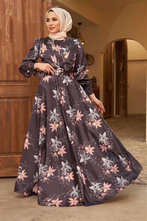 Patterned Satin Evening Dress - Anthracite | Vavinor