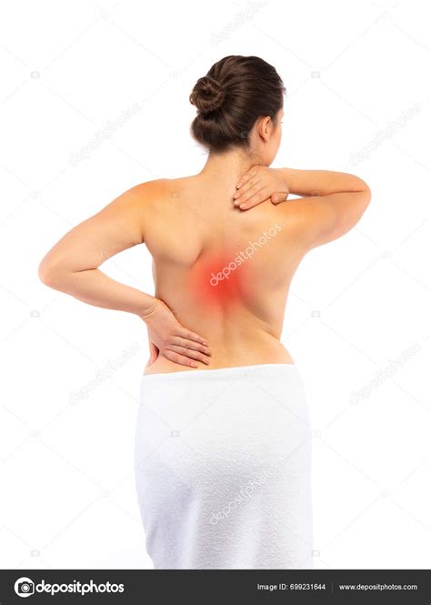 Young Woman Massaging Back Pain White Background — Stock Photo © gbh007