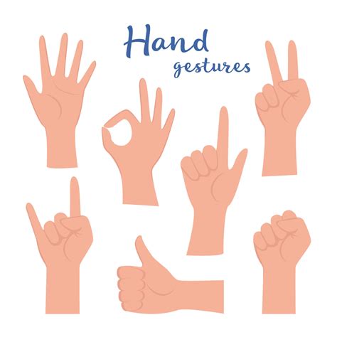 Hand gesture set. human hands showing thumbs up, pointing and greeting