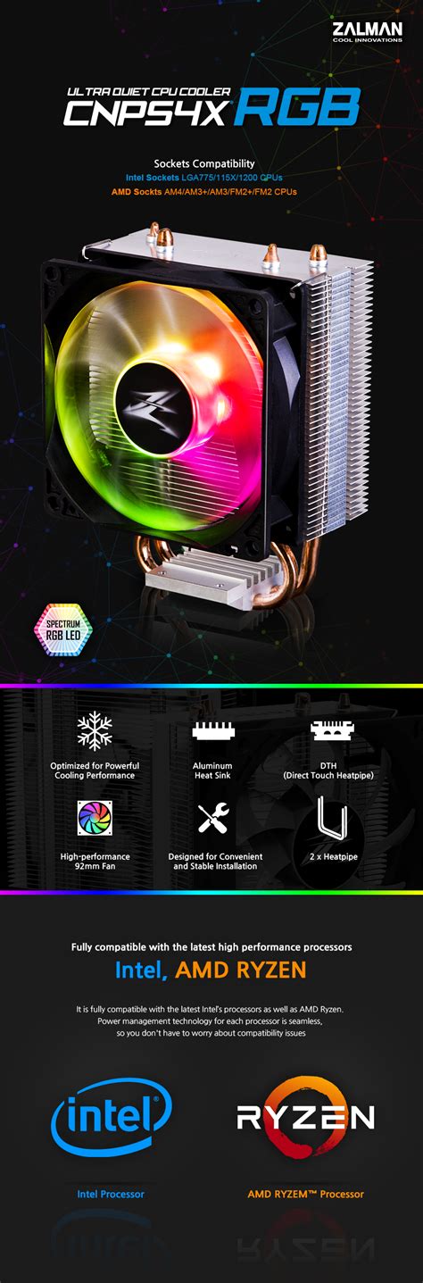 Zalman CNPS4X RGB Cpu Cooler AM4 Intel LGA 1200 115x 92mm Fan