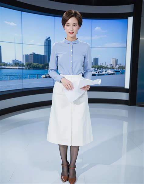 Arafed woman in a blue shirt and white skirt holding a piece of paper