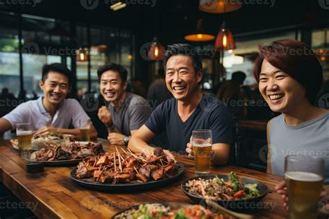 Happy asian friends eating together at restaurant. Generative AI