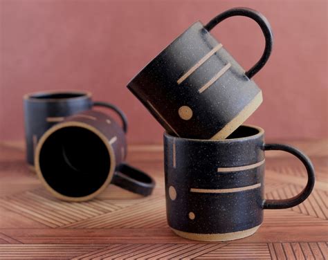 Handmade Ceramic Mug With Geometric Design in Black on Speckled Clay - Etsy