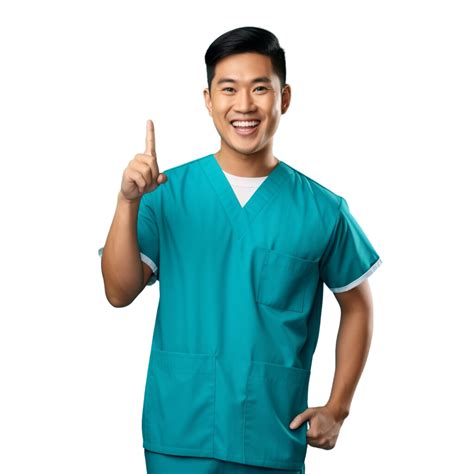 AI generated Young nurse Asian man isolated smiling and pointing on