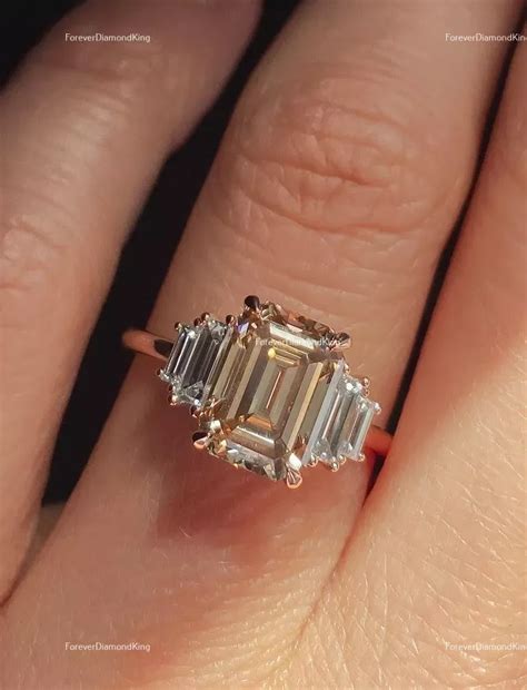 ctw emerald cut champagne moissanite ring  stone baguette ring