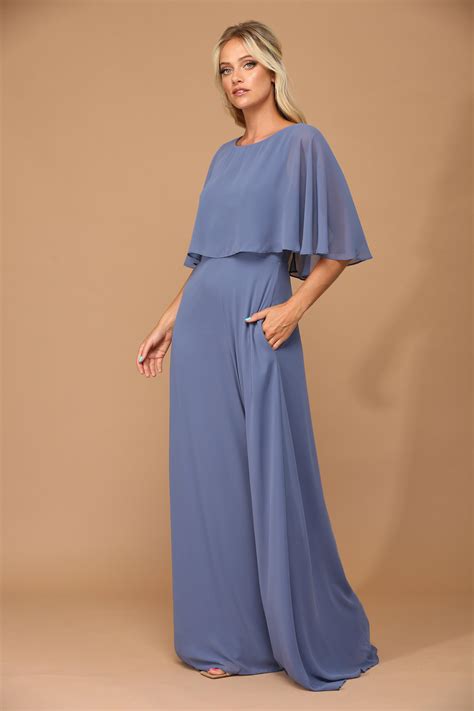 Navy Long Formal Mother of the Bride Cape Chiffon Dress - Formal