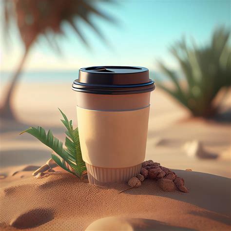 Coffee to go against the backdrop of a palm tree and the sea