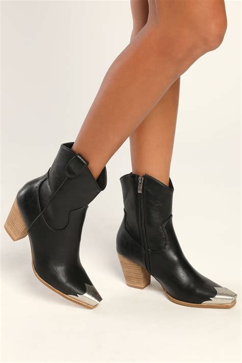 Black Western Ankle Boots - Toe Cap Boots - Cowboy Boots - Lulus