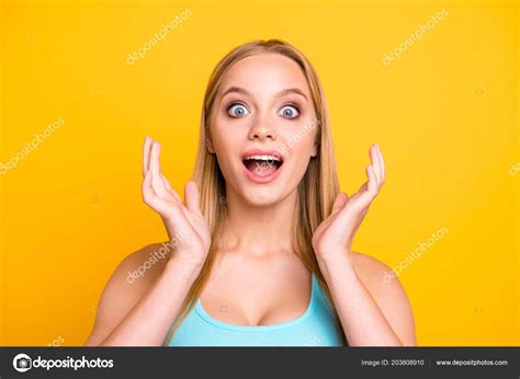 surprised face happy beautiful young woman wide open eyes mouth stock