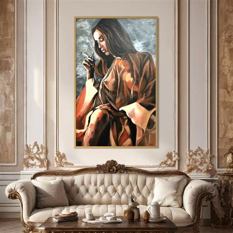original nude painting nude girl wall art nude breast art smoking