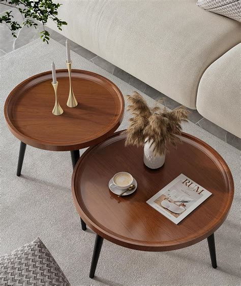 2-Piece Mid Century Modern Round Walnut Coffee Table Set for Living
