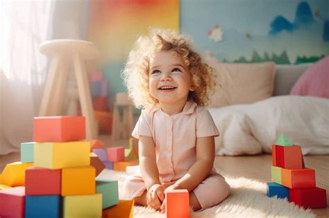 una nina construye una torre de cubos de madera colores brillantes el