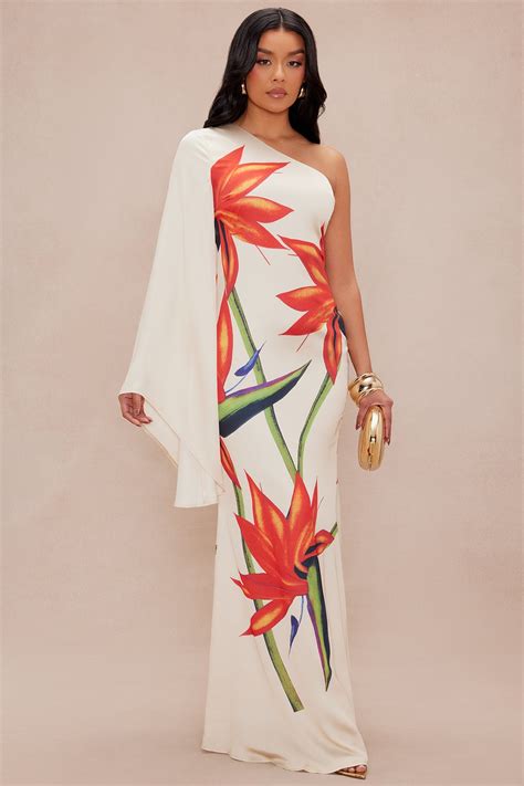 Althea One Shoulder Satin Maxi Dress - Nude/combo | Fashion Nova