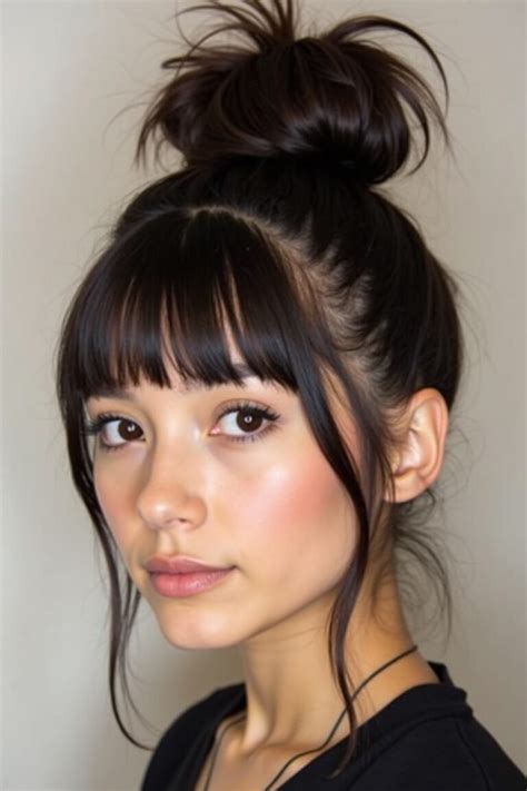 elegant bun  bangs hairstyle ideas  fashion trend hacks