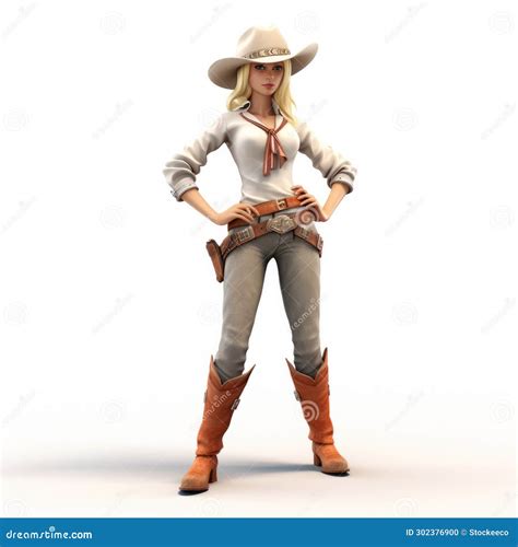 Beautiful Western-style 3d Model of a Blond Cowgirl on White Isolated