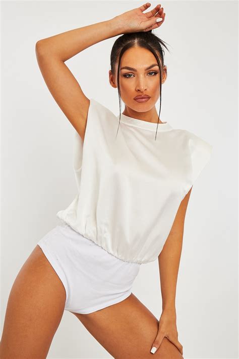 White Satin Shoulder Pad Bodysuit - Saira – Rebellious Fashion