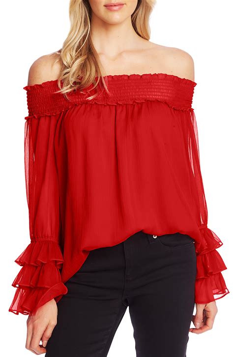 Cece Smocked Off The Shoulder Blouse in Red | Lyst