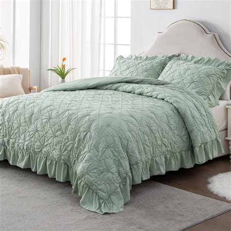 Amazon.com: Andency Sage Green Comforter Queen Size Pinch Pleat Ruffle