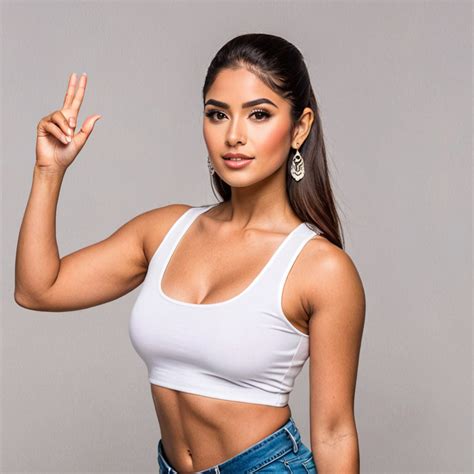 Stunningly beautiful mexican woman, big bust, white tanktop, hands up