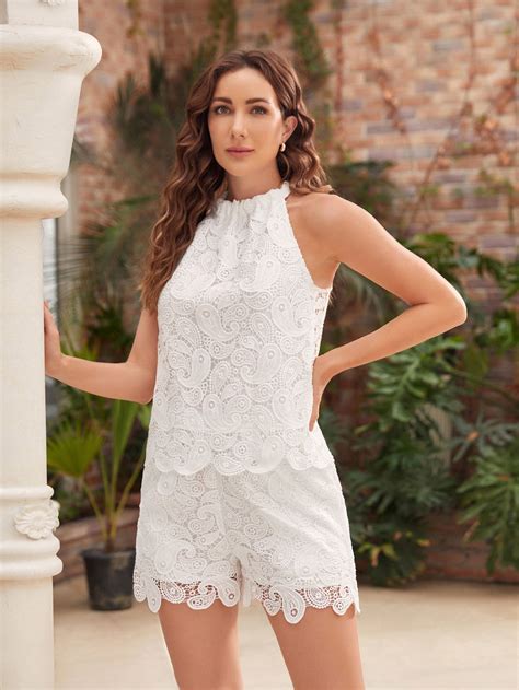 Keyhole Back Paisley Print Lace Top & Shorts | Lace shorts, White