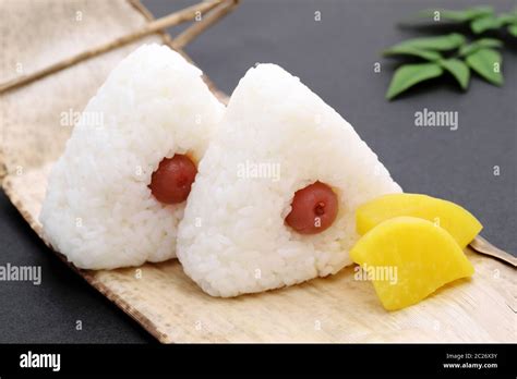 Onigiri, Japanese food, Japanese rice ball, rice triangle with umeboshi ...