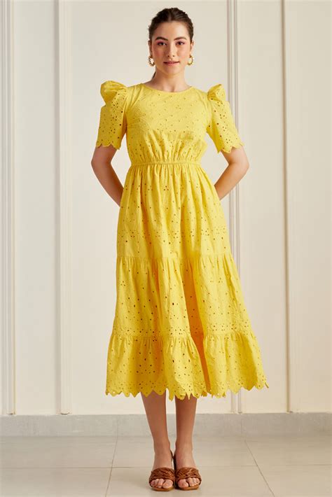 Havana Canary Yellow Embroidered Midi Dress – SILKROSE