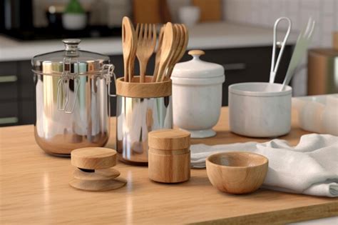 realistic  kitchen utensils set  wooden counter premium ai