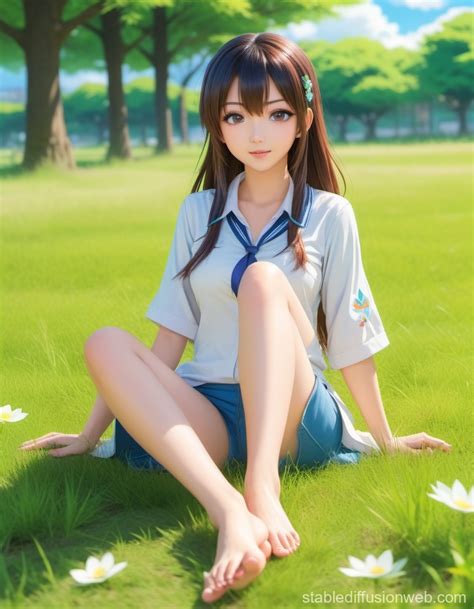 young woman facing camera barefoot  grass stable diffusion